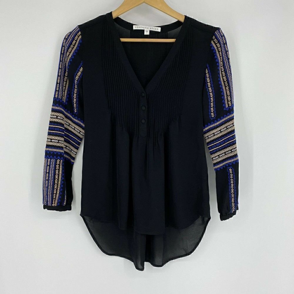 Veronica Beard Top Spruce Embroider Silk